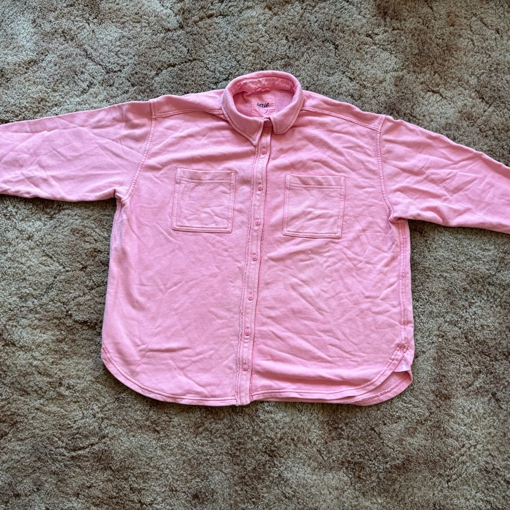 Aerie Pink Boxy 3/4 Sleeve Button Down Shirt